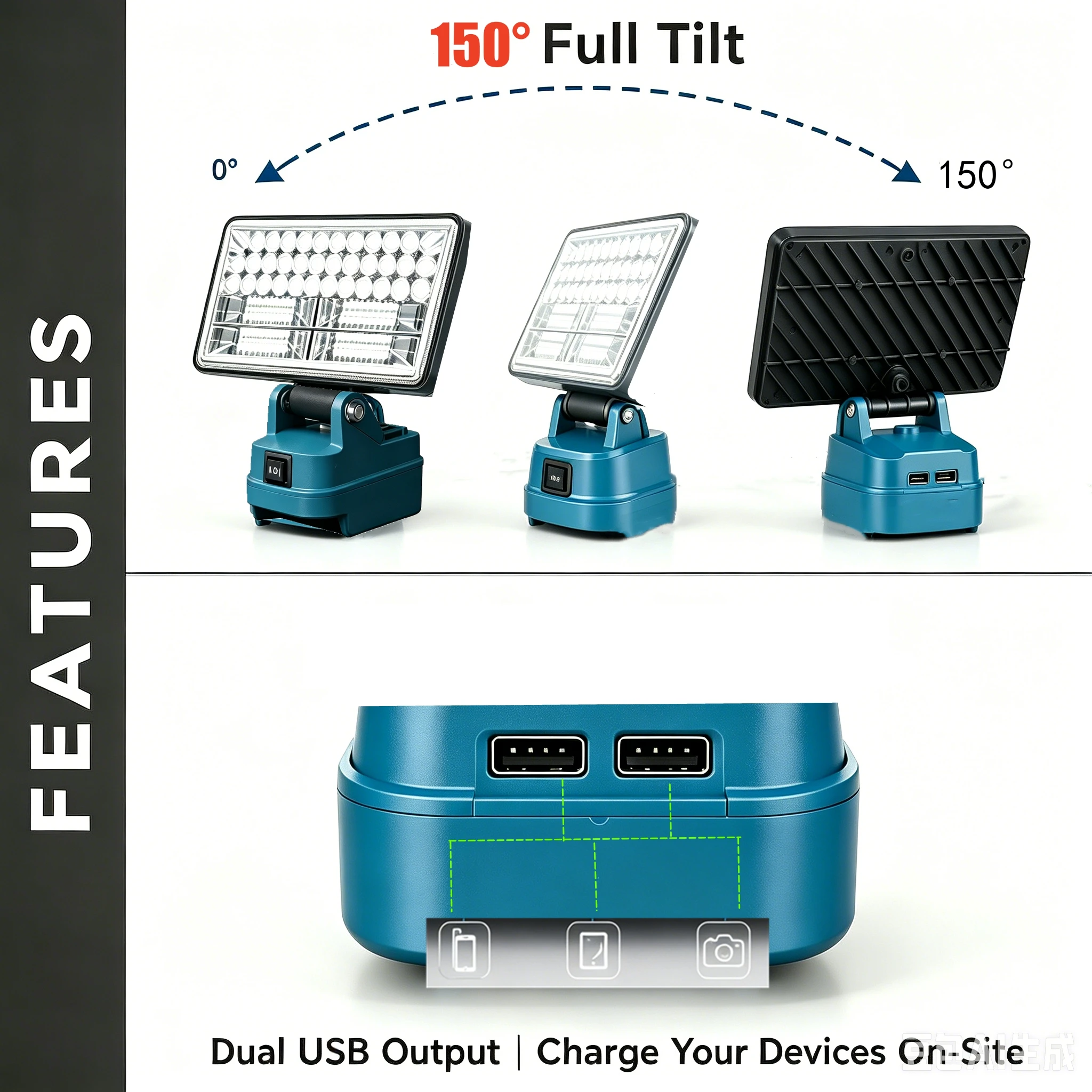 90W LED-Arbeitsleuchte für Makita 18V Akku, kabellose tragbare Arbeitslampe, verstellbarer Flutlichtstrahl für Werkstatt, Garage, Baustelle, Außenbereich – Detail 6