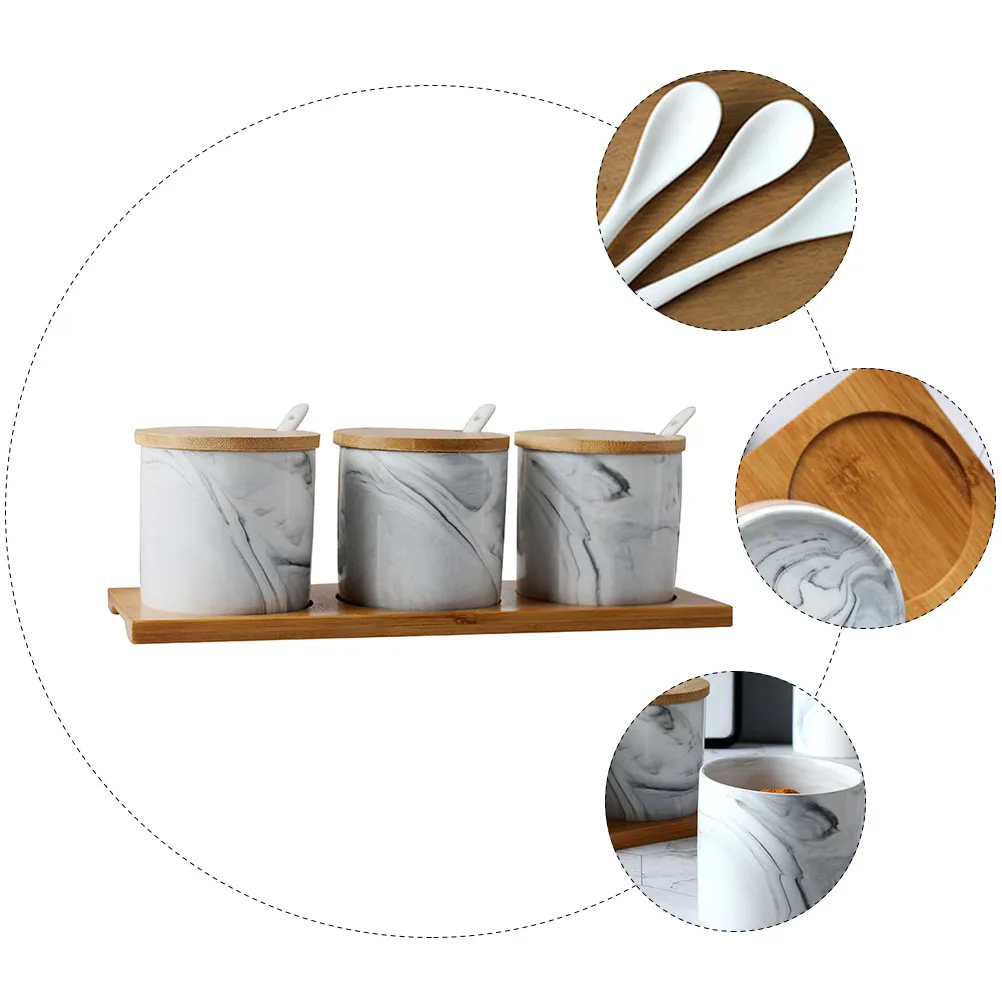 

1 set Marble Pattern Spice Jar Large Capacity Ceramic Condiment Container Kitchen Storage Pot Wide Mouth for Home