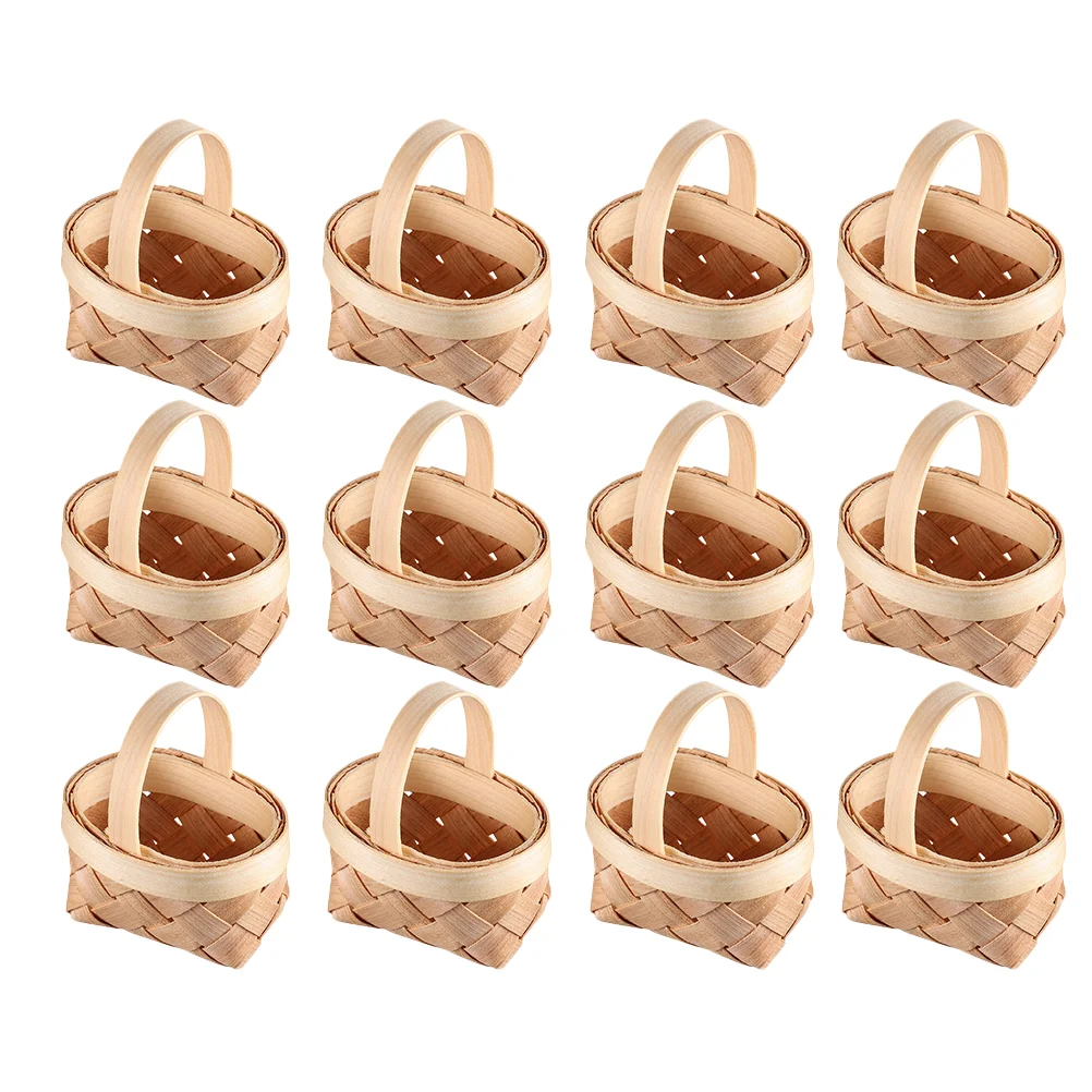 

12 Pcs Candies Wood Chip Basket Woven Small Mini Flower Girl Kids Picnic Shopping