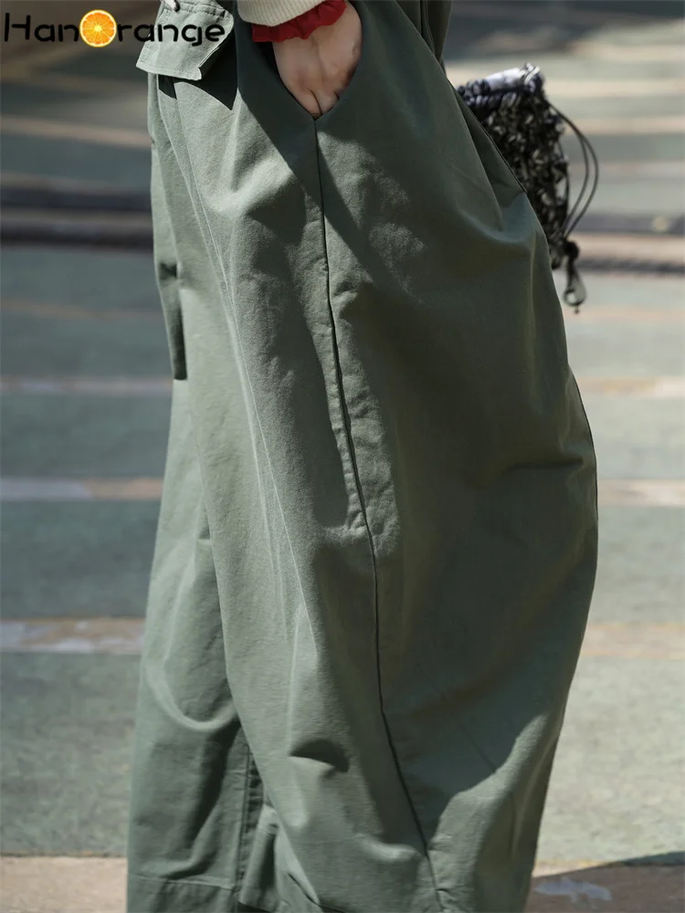 HanOrange 2025 الخريف عادية نصف مرونة الخصر بنطال ذو قصة أرجل واسعة النساء ثلاثية الأبعاد استقامة 100% سراويل قطنية أسود/مشمش/أخضر