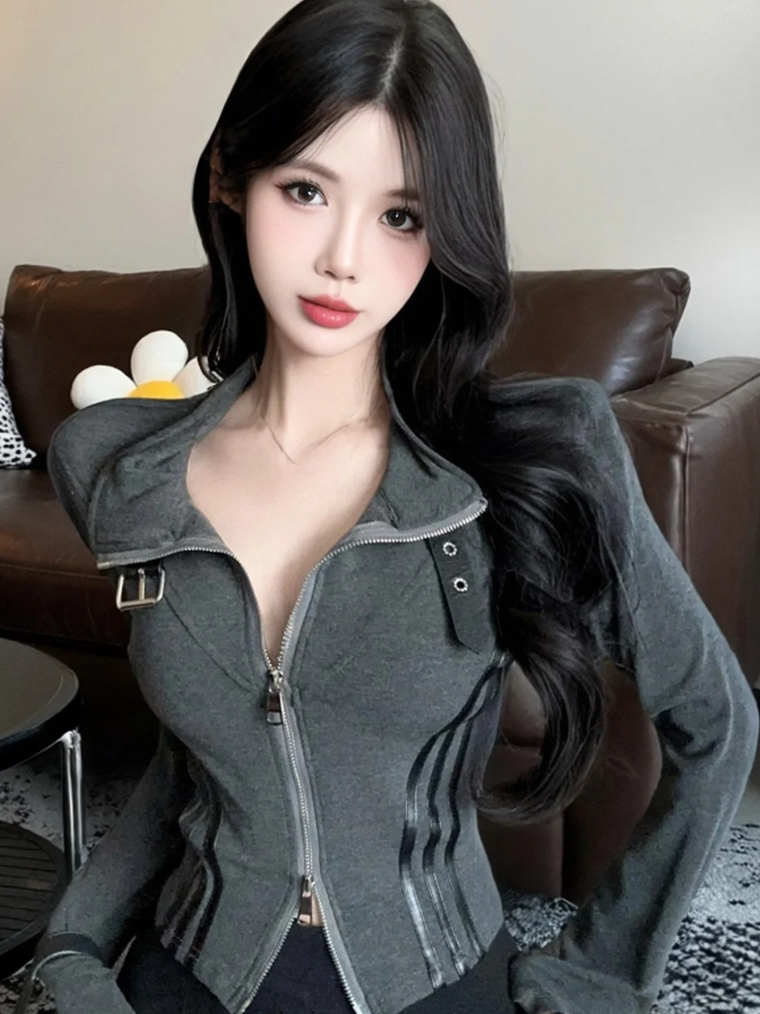 

Stylish Long Sleeve Zipper Front Double Breasted Leather Button Women's Cardigan Fashionable Contrast Color Striped Top Coat