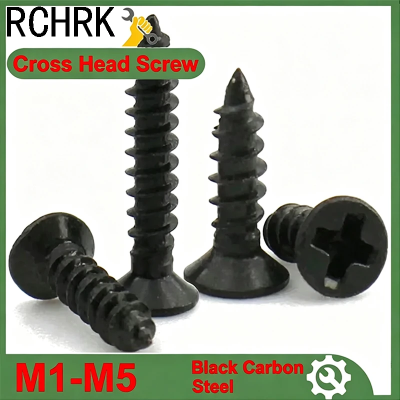 20-500pcs Cross Countersunk Flat Head Self-tapping Screw M1 M1.2  M1.4 M1.7 M2 M2.3 M3 M3.5 M4 M5 Black Carbon Steel Phillips