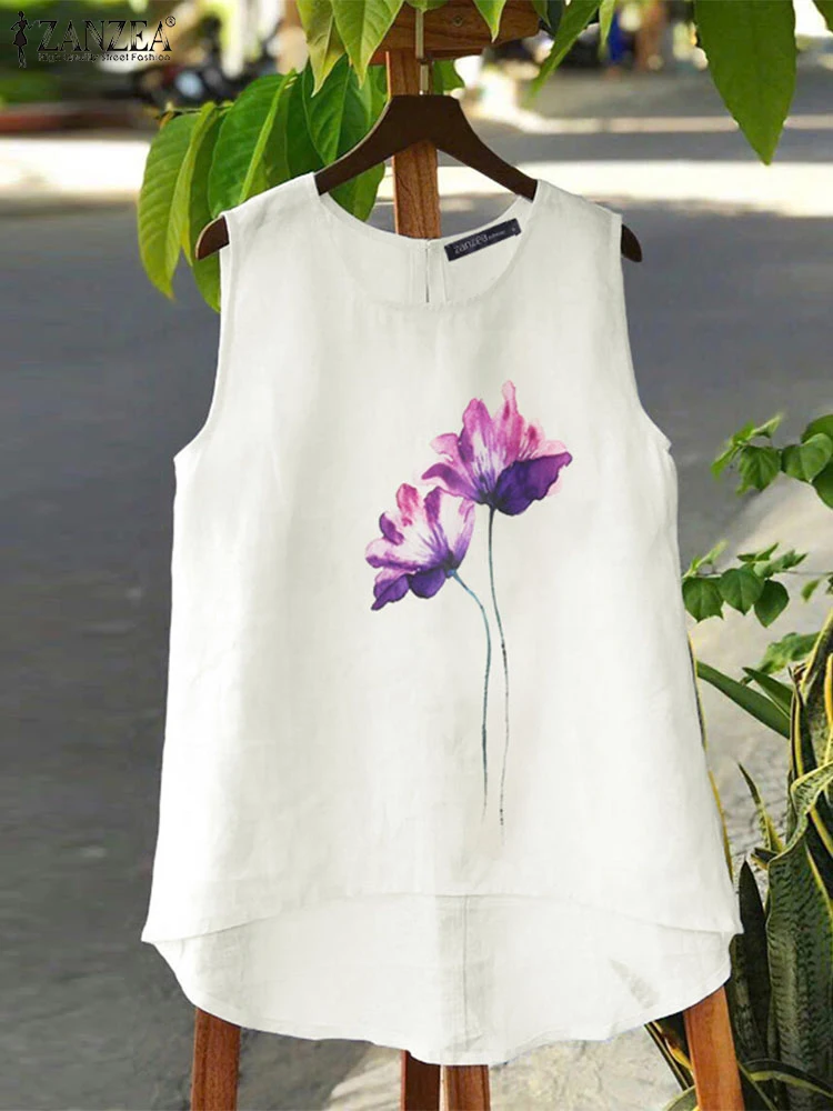 2025 ZANZEA Summer Camis Women Sleeveless Printed Blouse Vintage Cotton Tanks Tops Casual O Neck Loose Holiday Shirt Mujer Femme