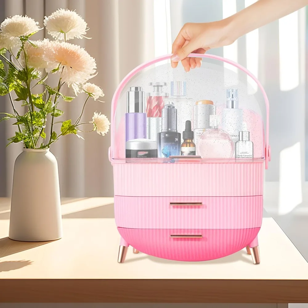 Triple Pink Makeup Organizer with Drawers, Large Capacity Cosmetic Storage Case for Skincare Jewelry Display