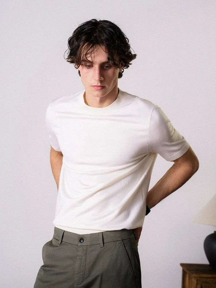 Birdtree, 77.8% Sheep Wool Solid Tshirt, O-neck Short Sleeve Tops, Men's Knitted Thin Casual Shirt, 2026 Autumn New T67034JF