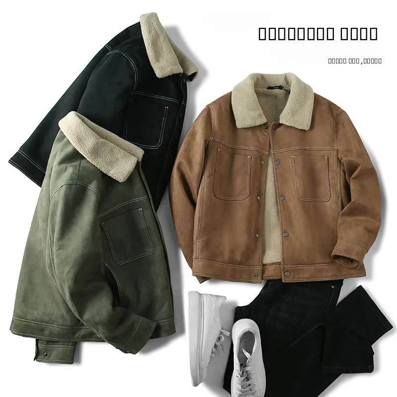 

Thiened Warmth Men's Jaet Autumn Winter Suede Velvet Lightweight Retro Faion Ci Youth Outdoor Long Sve Stand Collar