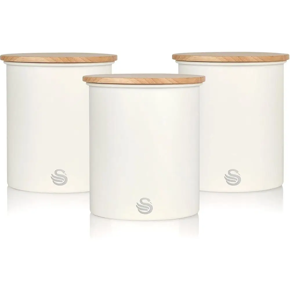 

Set of 3 Airtight Storage Jars for Tea, Coffee, and Sugar - Carbon Steel with Bamboo Lid, Cotton White