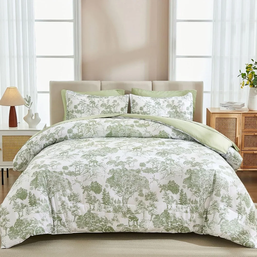 

DJY Comforter Set Queen Size, Sage Green 7 Pieces Bed in a Bag Queen Botanical Comforters with Sheets Elegant Plants Print Soft