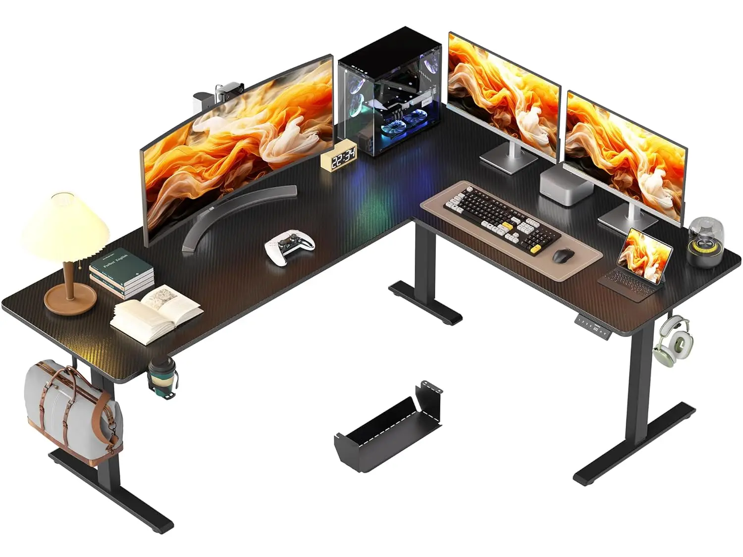 

75x61in L-Shaped Height Adjustable Desk with Cup Holder Corner Computer Workstation Home Office Gaming Black, Customized