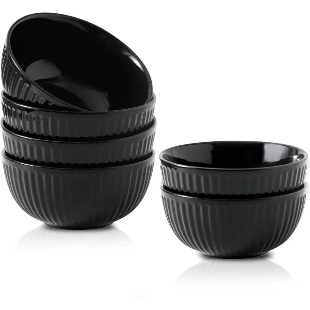 

Набор суповых мисок, керамическая 24 унции - 6-дюймовая чаша для хлопьев, набор из 6 предметов для кухни, современная ребристая черная фарфоровая посуда для развлечения, так