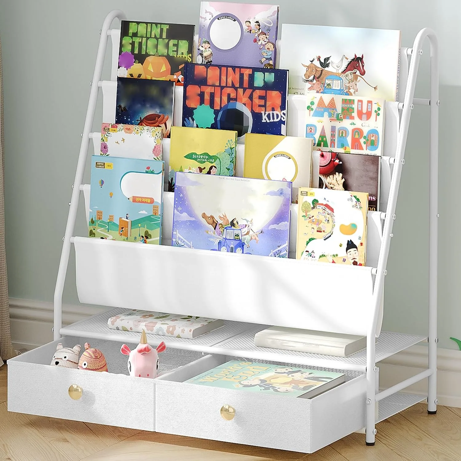 4-Tier Toddler Bookshelf with 2 Fabric Drawers, Metal Kids Bookshelf and Toy Storage,for Kids Room,Living Room,Study Room, White