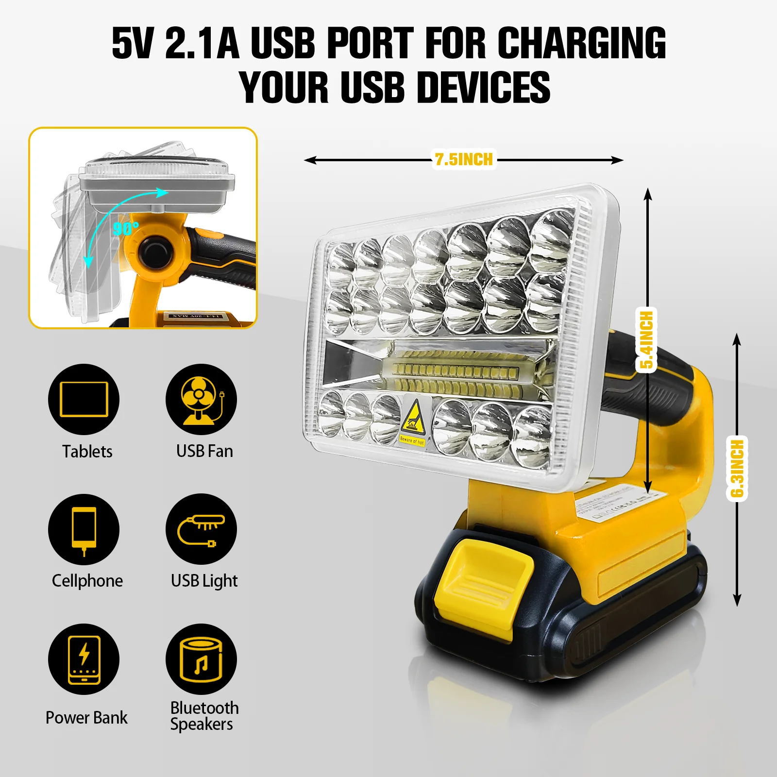 Cordless LED Work light for Dewalt 20V Battery 18W 2000LM LED Flood Light Outdoor Flashlight with USB Port (No Battery)