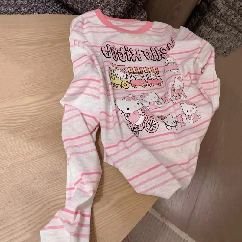 

Hello Kitty T-shirt Sanrio Fashion Ageing Striped Long-Sleeved Female Summer Thin Slightly Transparent Loose Sunscreen Smock Top