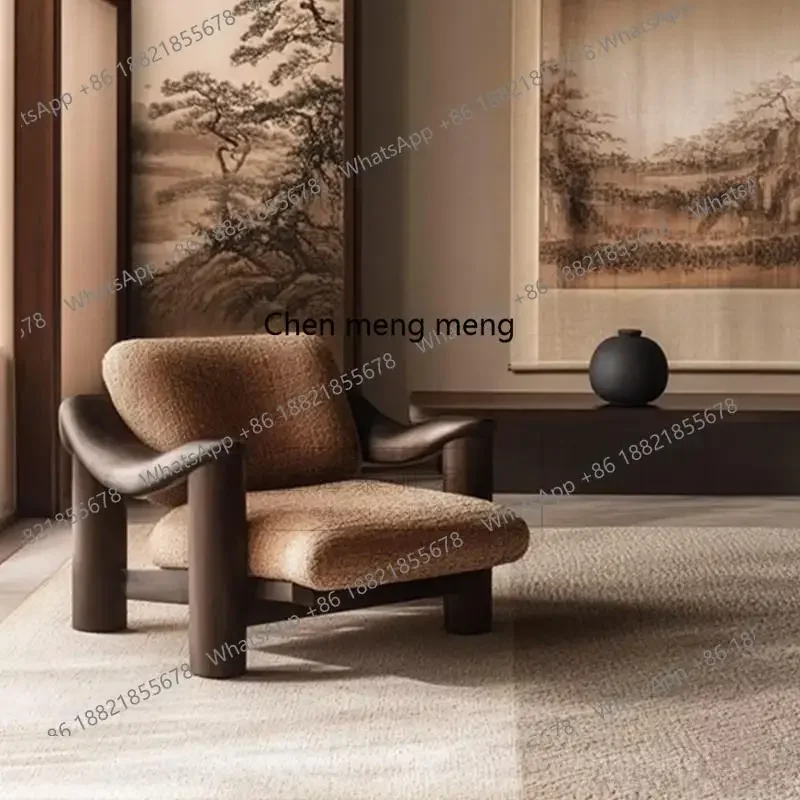 02A Retro simple solid wood single sofa, living room leisure chair, homestay, fabric art, negotiation chair