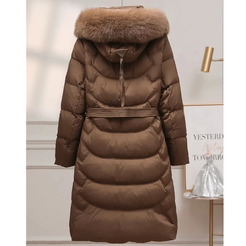 Doudoune longue en duvet de canard blanc pour femme, pardessus à capuche, vraie fourrure de renard, parkas chaudes pour femme, ceinture, mode coréenne, nouveau, 2024, 90