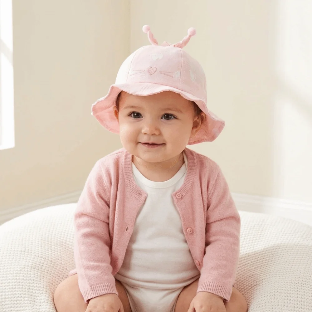 Soft Heart Print Infant Bucket Hat Pleated Wide Brim Baby Sun Hat Bow Ball Toddle Fisherman Hat Summer