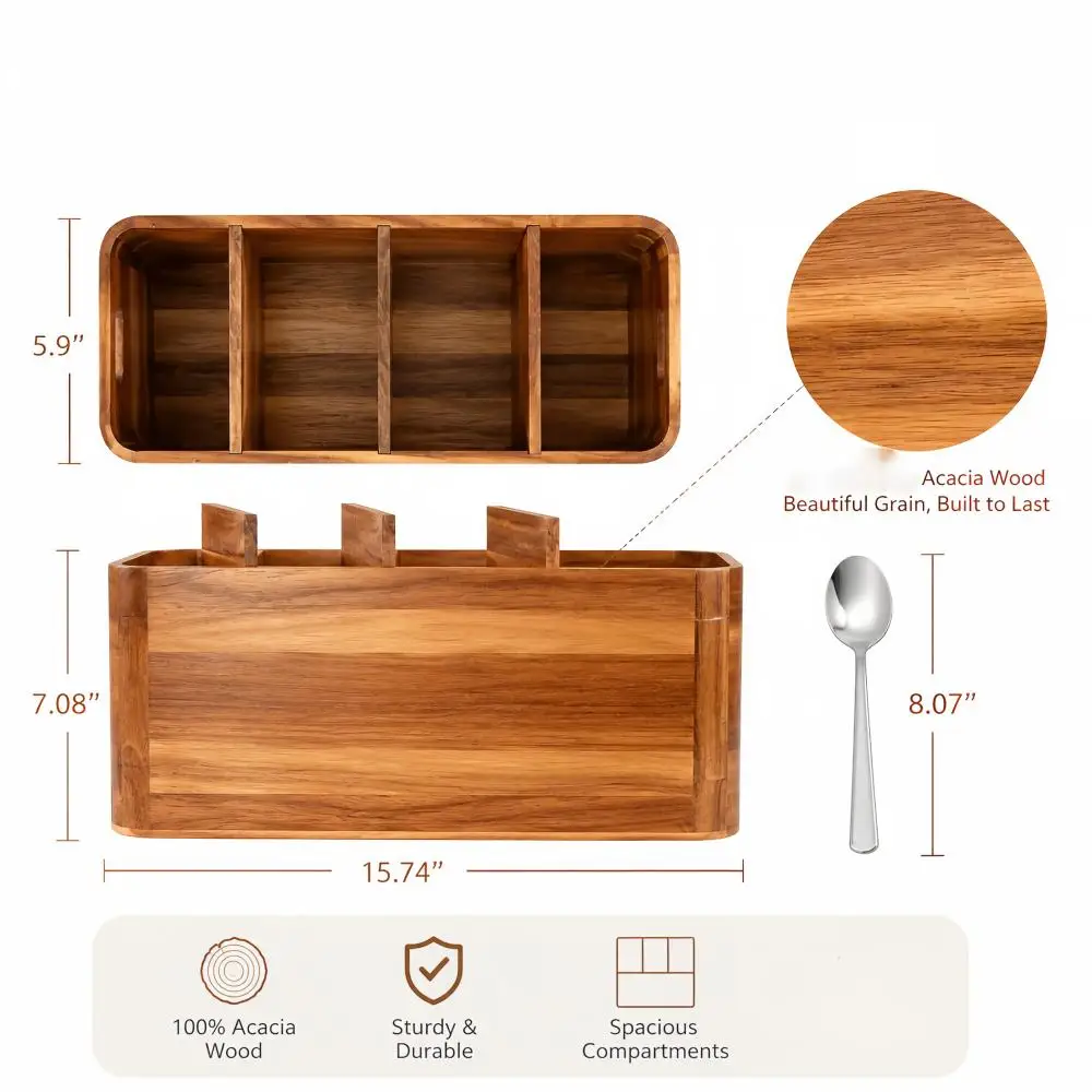 Kitchen Utensil Holder Organizer for Counter or Countertop, Large Wooden Utensil Holder for Storage Cooking and Silverware with 4 Compartment, Acacia Rustic Wood Container Extra Large
