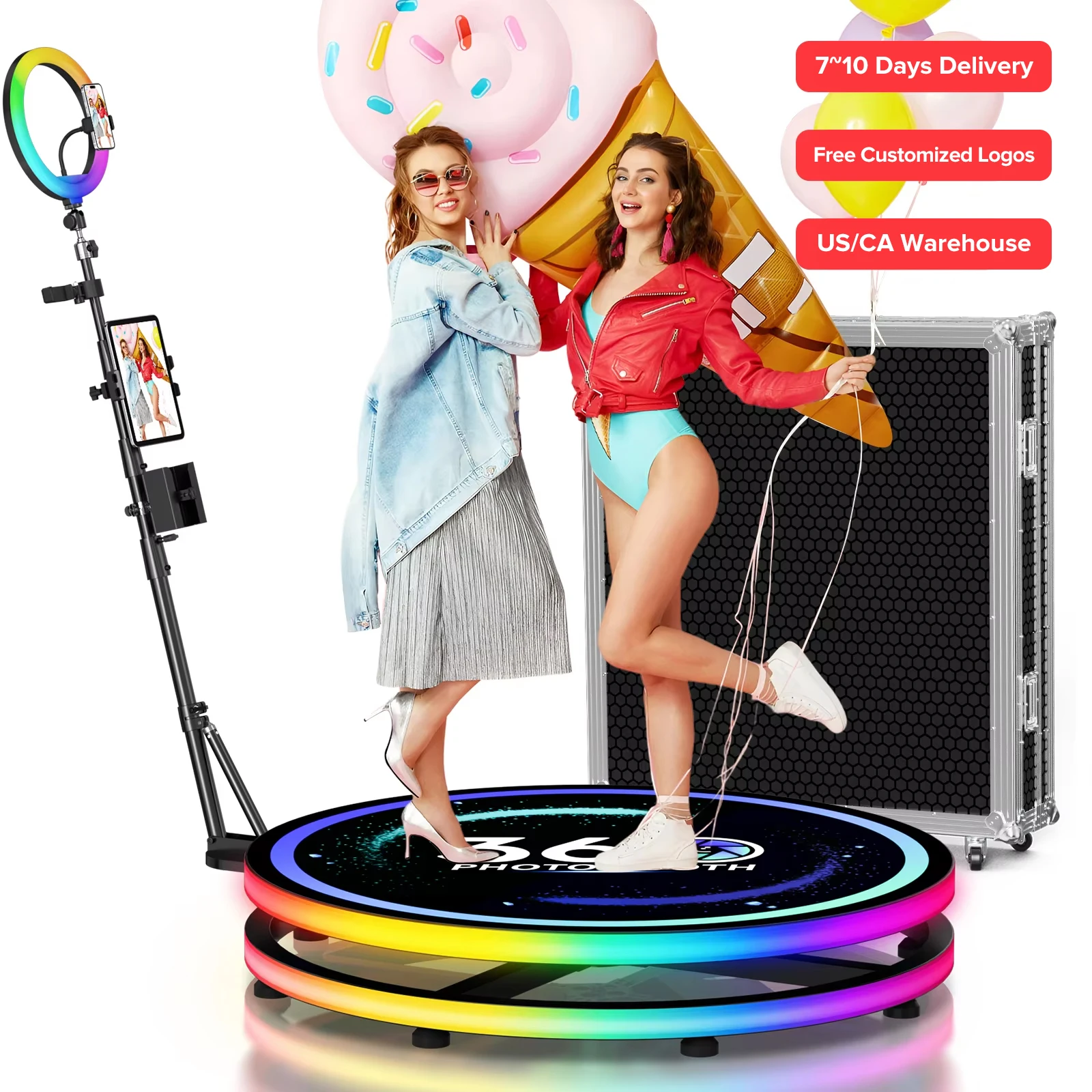 

360-градусная фотобудка для видео с управлением через приложение Фотобудка с вращающимся на 360 градусов и кольцевой подсветкой RGB для вечеринок, рождественских мероприятий