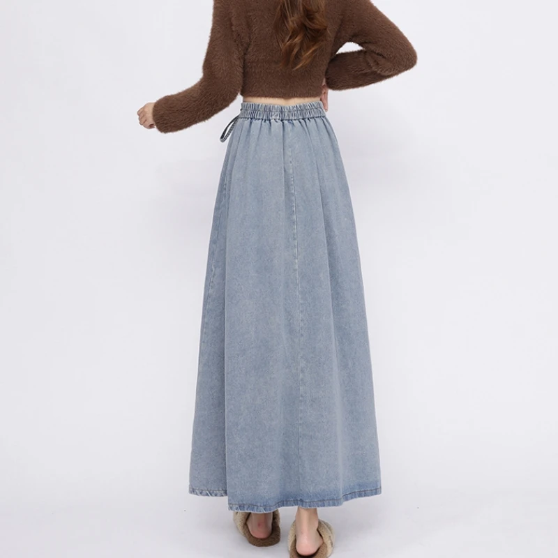 Lace Up Corset Midi Long Skirts Women Spring Summer Korea Style Vintage High Waist Jean Skirt A-Line Ruffle Pleated Denim Skirt