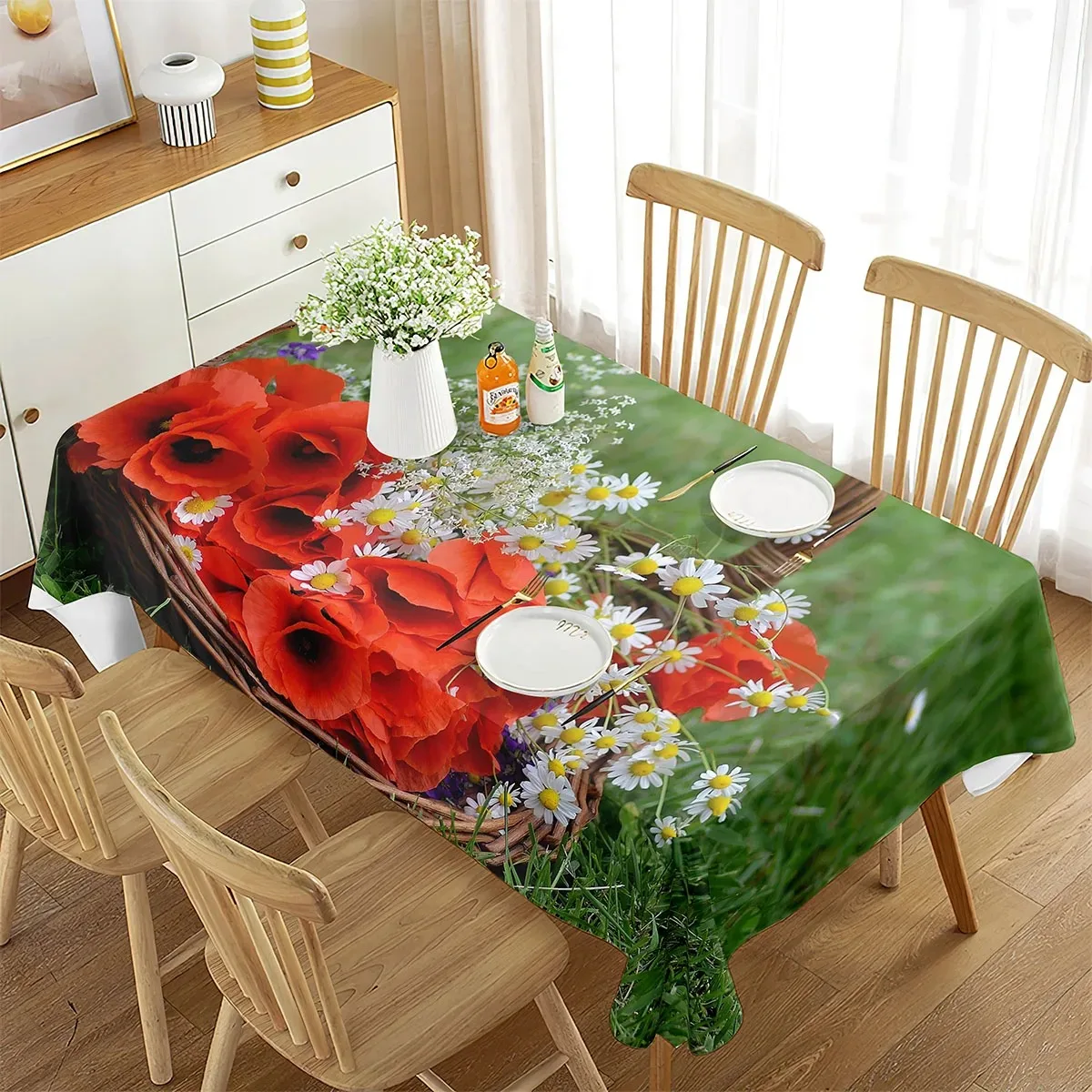 

Floral Tablecloth 2D Flat Printed Botanical Table Cover Waterproof Polyester Aesthetic Dining Table Decor For Home Kitchen