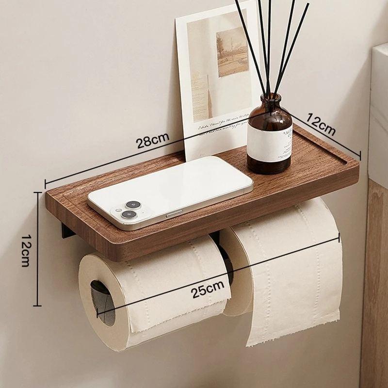 Walnut Wood No Drill Toilet Paper Holder Creative Wall Mount Bathroom Roll Tissue Storage Rack Household Organize view 4