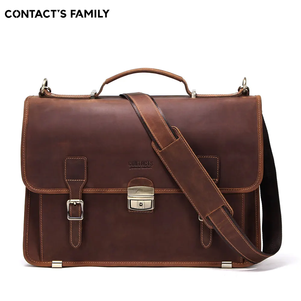 Vintage Genuine Leather  Briefcase For Laptop Macbook Air 13.3 Inch Crazy Horse Leather Crossbody Bag Cowhide Retro Casual Style