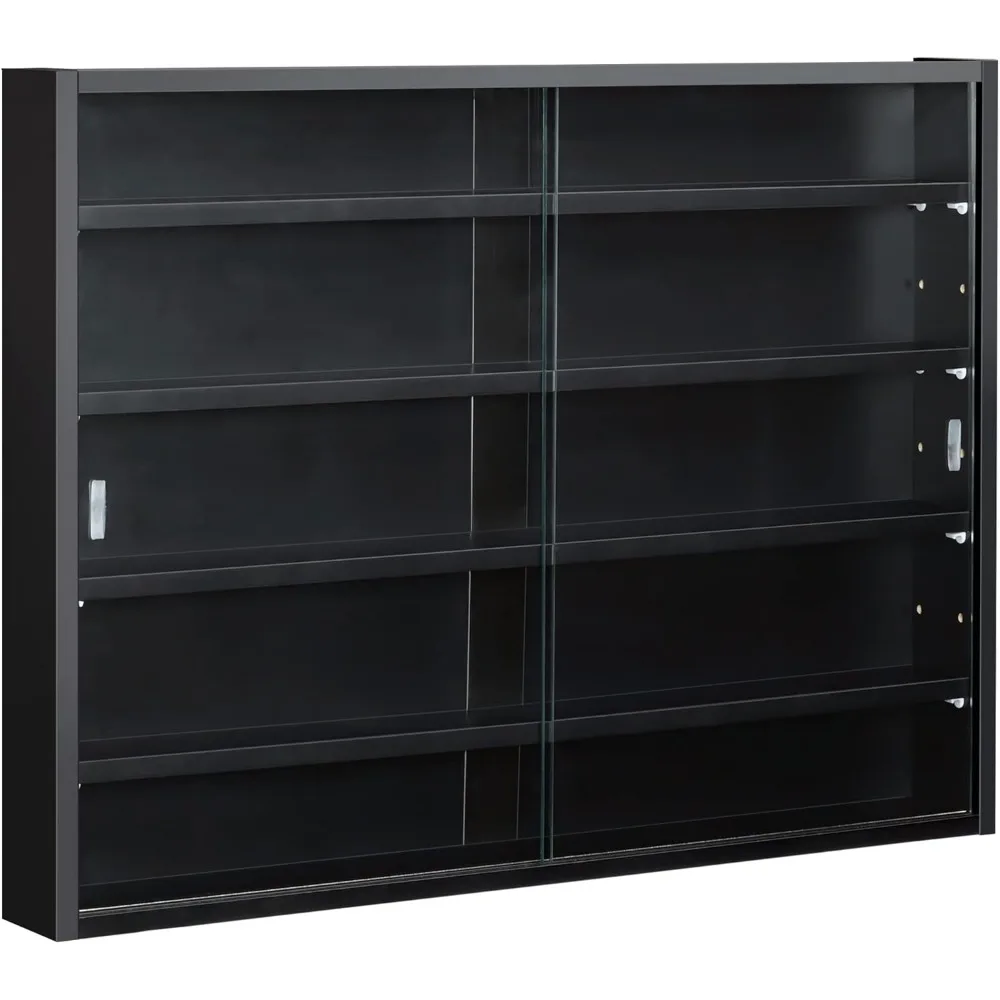 

5-Tier Display Cabinet, Glass Door Cabinet with Adjustable Shelves, Wall-Mounted Display Case for Playroom, Bedroom, Black