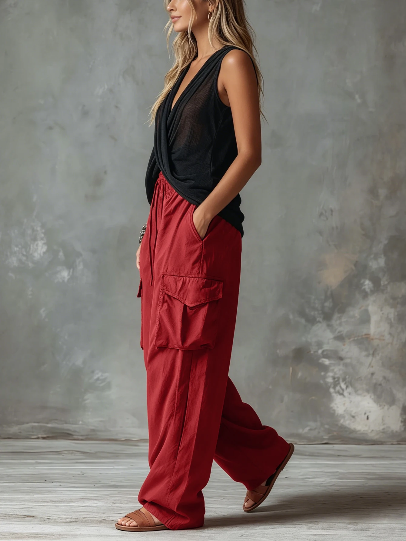 Damen Rote Cargo-Hose mit Weitem Bein, Kordelzug, Elastischer Hoher Bund, Lose Passform, Mehrere Taschen, Leichte Casual Streetwear-Hose – Detail 1