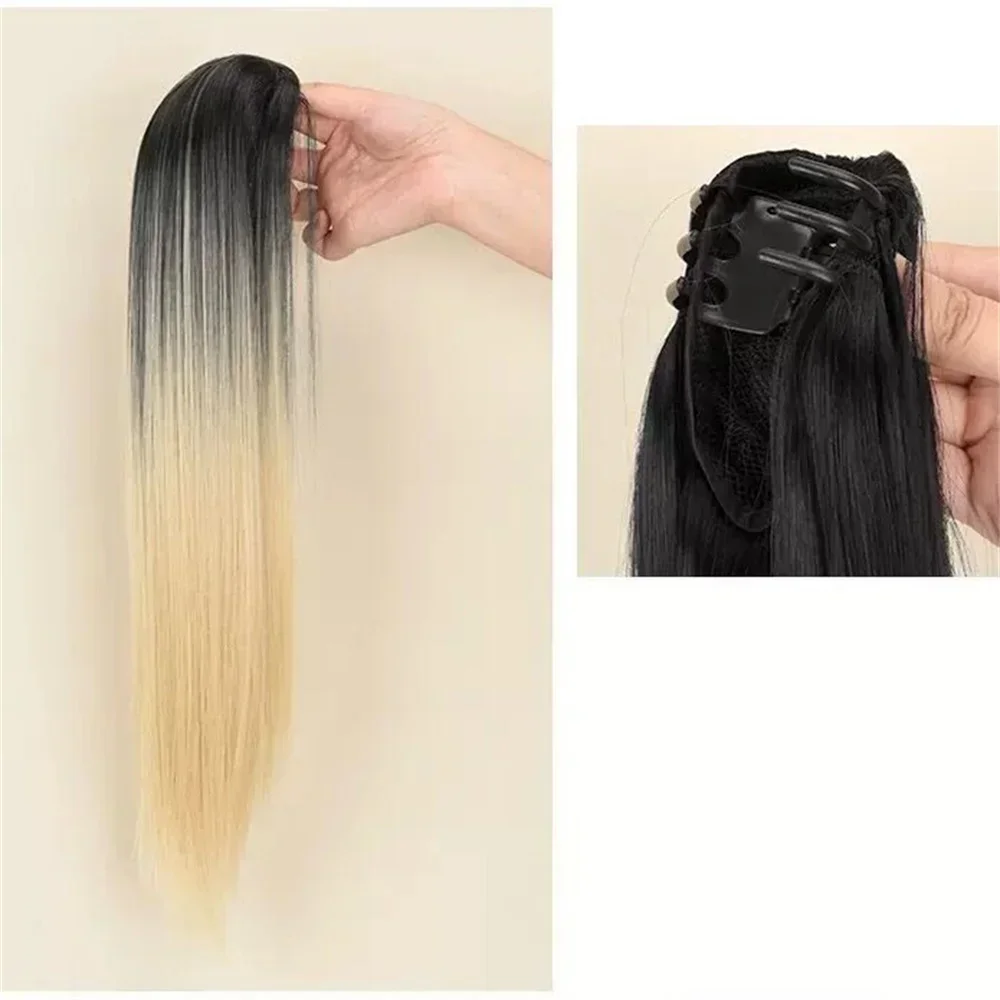 Woman Y2K Highlighted Wig Hair Extension Ponytail Claw Clip-on Straight Hair Piece Gradient Natural Hair Wig