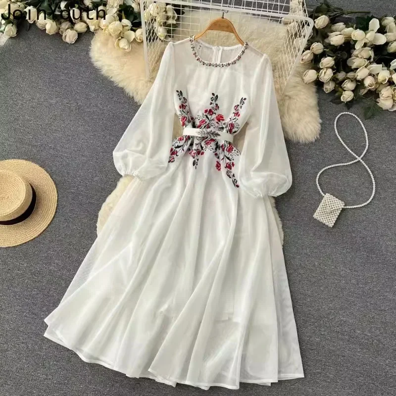 Heavy Embroidery Dress for Women 2024 Vestidos De Mujer O-neck Long Sleeve Gauze Robe Femme Temperamant Beading Maxi Dresses