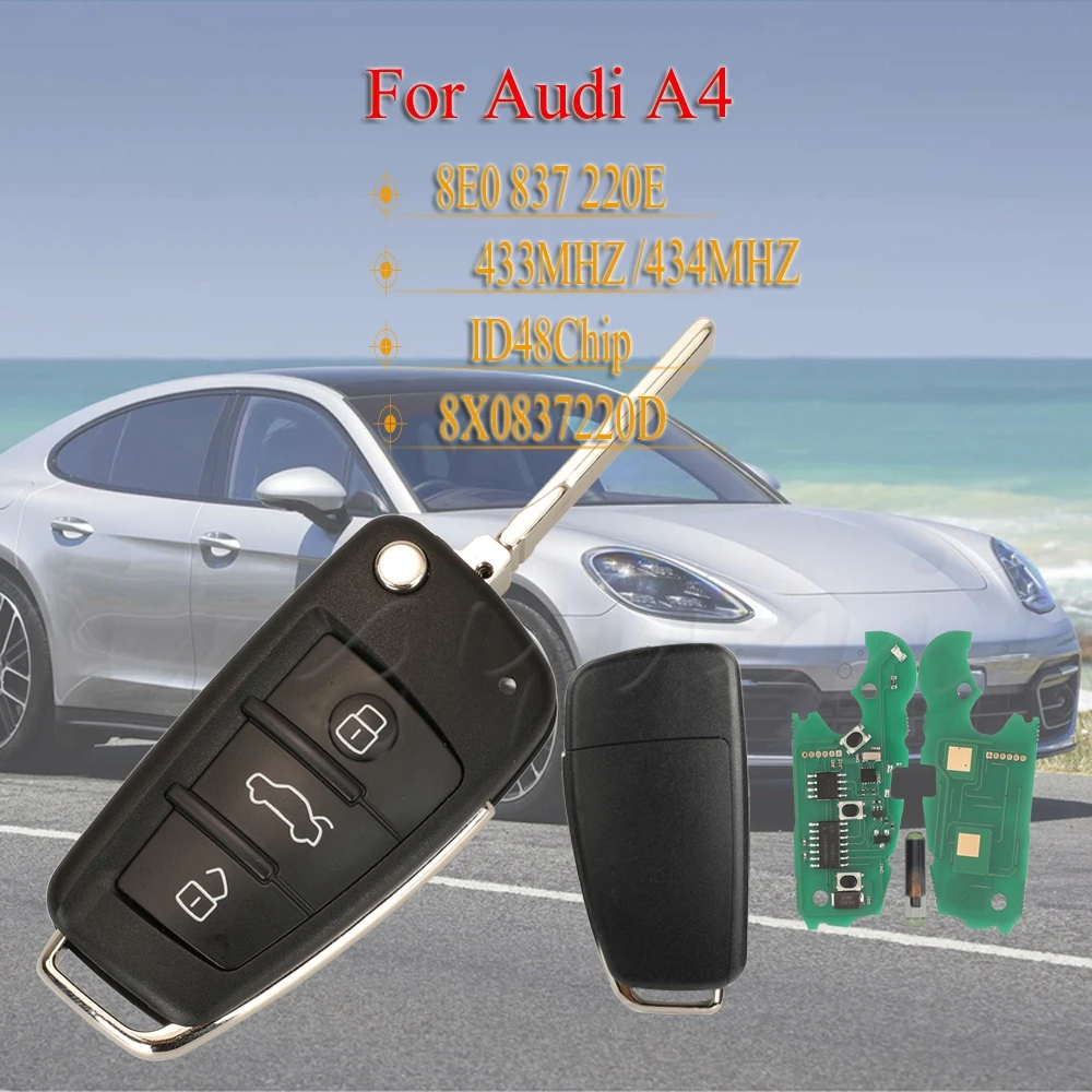 Jingyuqin 433/434MHZ ID48Chip für Audi 8X0837220D 8E0837220E Audi A4 (11/2004 - 06/2008) Fernbedienung Klappbarer Autoschlüssel
