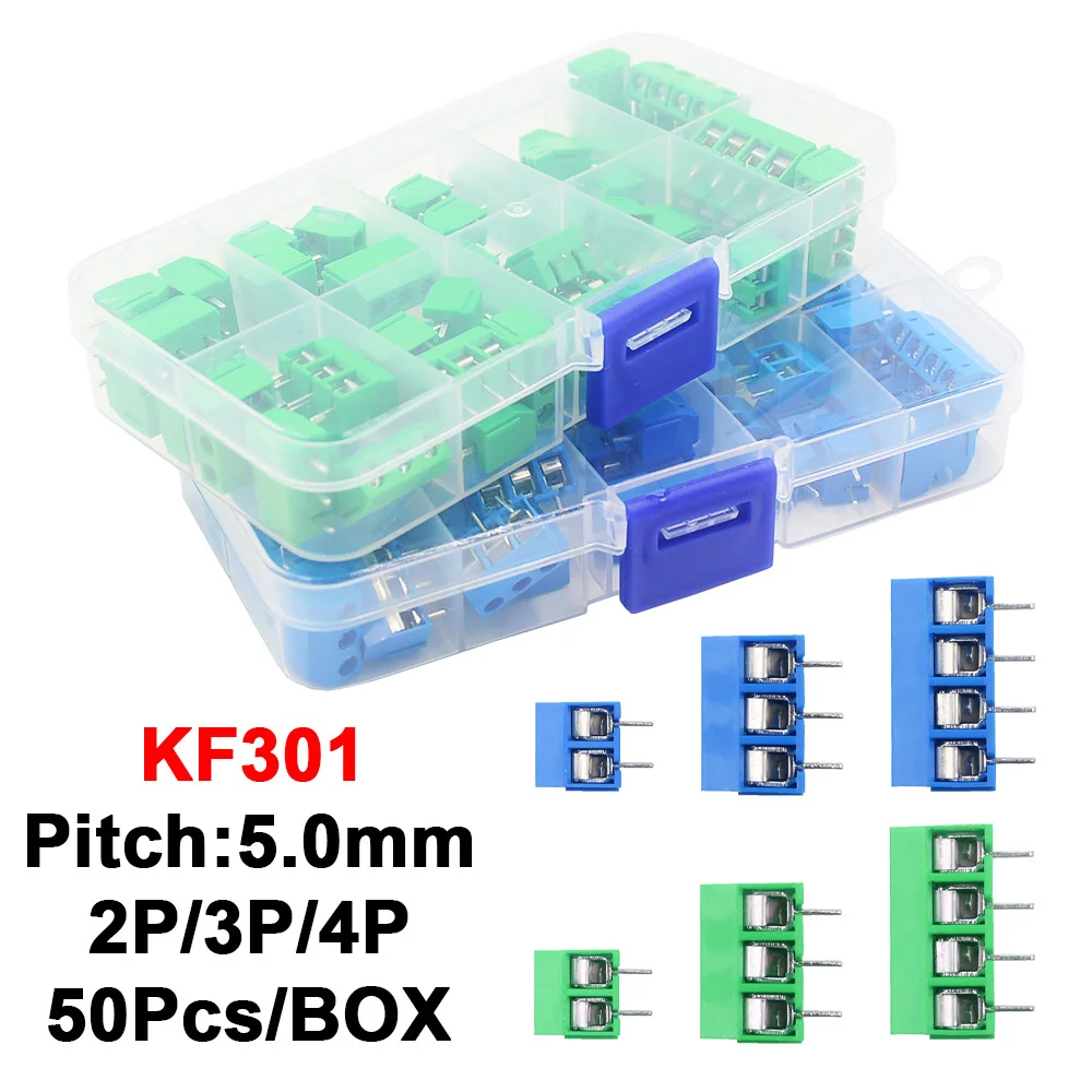 50 Pcs/BOX Pitch 5.0mm Straight Pin 2P 3P Screw PCB Terminal Block Connector 10A 300V 24-18AWG