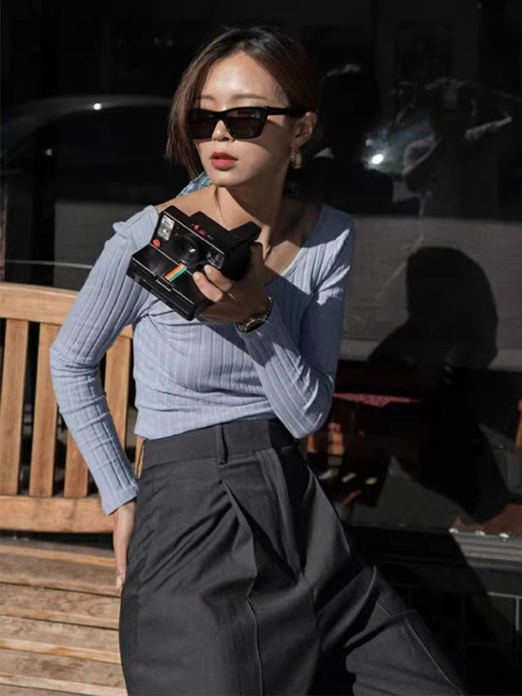 

Blue Slim Fit Knitted Base Shirt And High Waist Straight Leg Pants Fashion Set for Women Elegant Workwear Ensemble