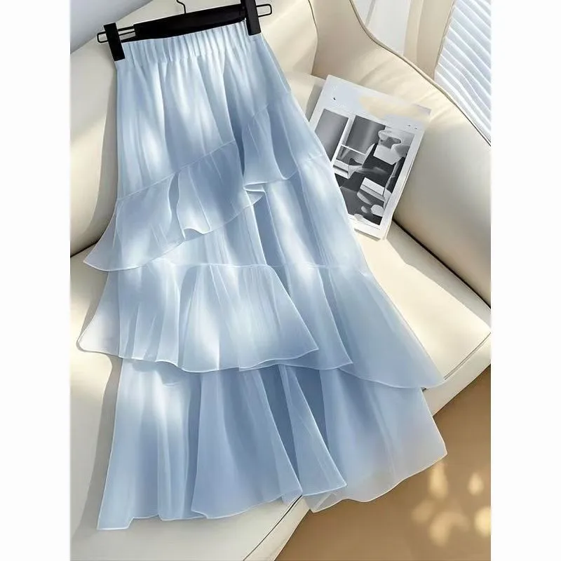 2026 Spring Summer Woman New Blue Design Beautiful Cake Skirt High Waist Chiffon A-line Elegant Lady Ruffles Casual Skirts