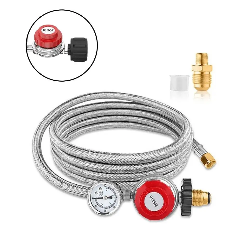 Propane Regulator Adjustable 0-30 PSI with For Gauge and Stainless Steel For Braided Hose 5FT 12FT for Grilling