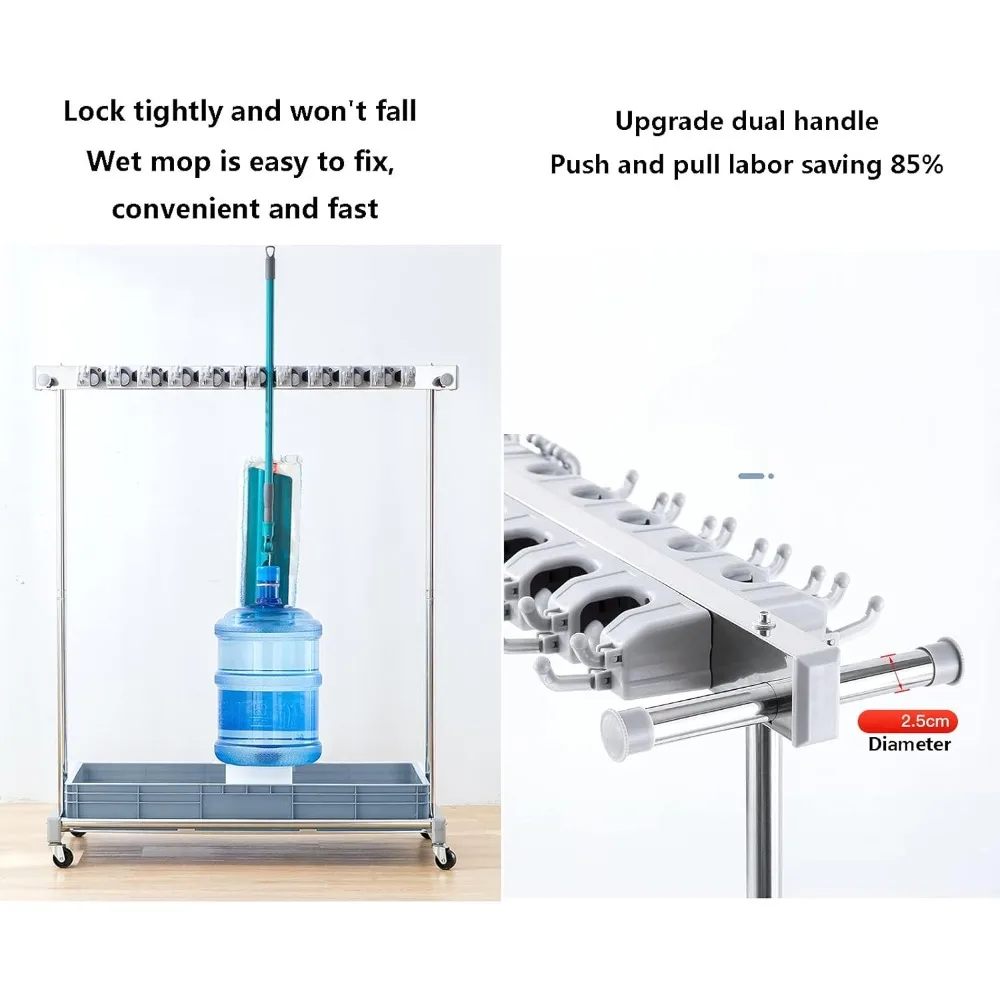 Напольный держатель для швабры и метлы, портативная стойка для хранения влажной швабры, стоячая тележка-органайзер для чистящих инструментов