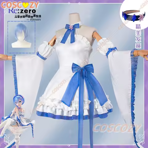 Anime Re:Life in a Different World Rem Cosplay Costume Wig Crystal Maid Uniform Anime Lolita Girls Role Play Haedwear Dress Set