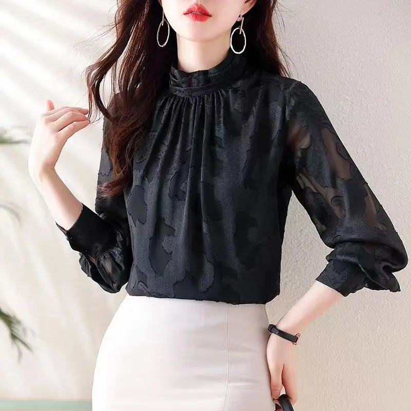 Vintage Jacquard Weave Shirt Spring Autumn Half High Collar Commute Women's Clothing Stylish Printed Folds Spliced Loose Blouse