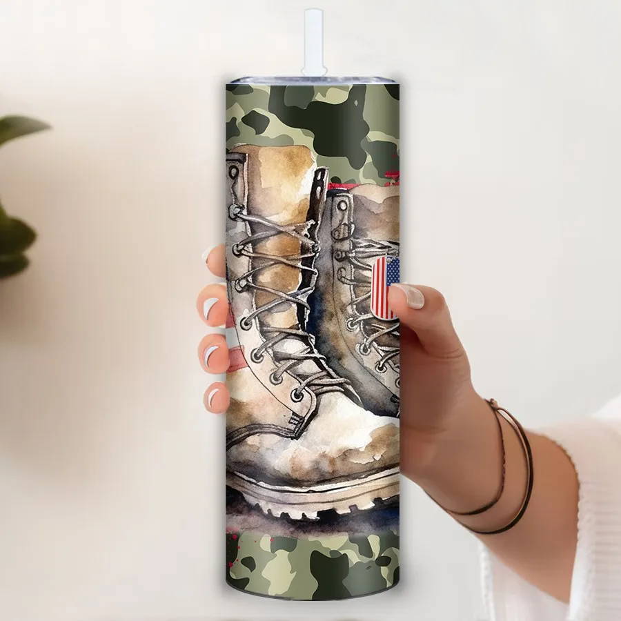 20oz Skinny Straight Water Bottle Straw Lid 1Pc 3D Print Camouflage Boots Father's Day Gifts For Dad Insulated Vacuum Tumblers