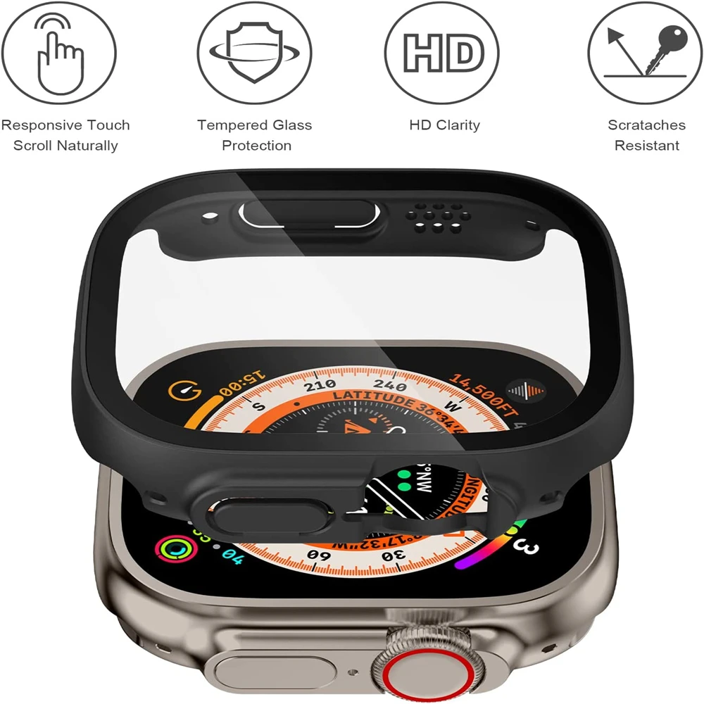 Szkło + etui na Apple Watch etui Ultra 49mm smartwatch PC ochraniacz na ekran zderzak akcesoria z hartowanego zegarka iwatch Ultra 49mm serii