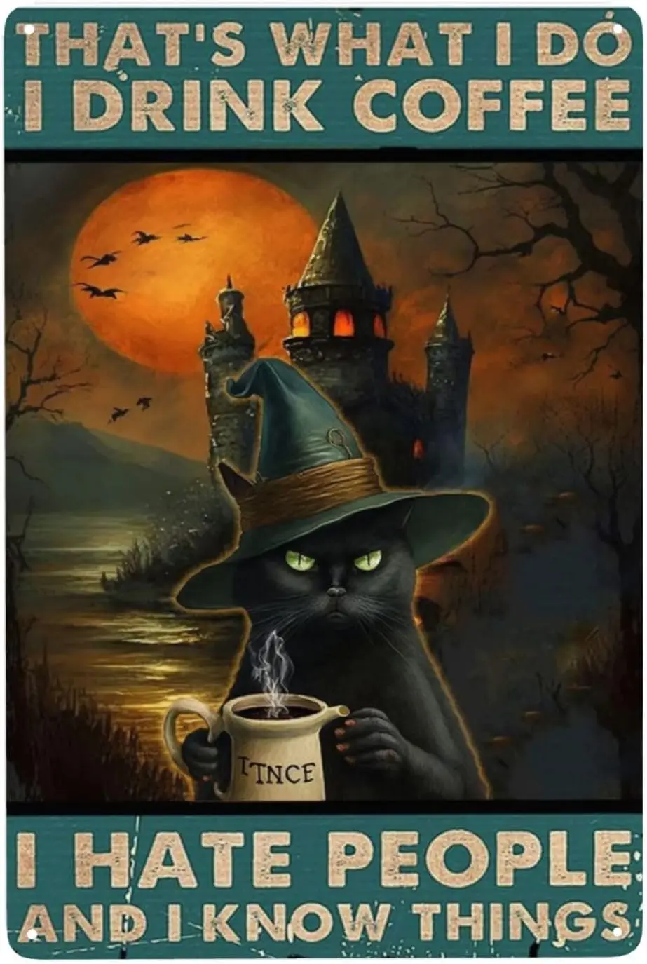 Y1, Witch Vintage Tin Sign - Coffee ; Cat Design with Magic Hat Retro Metal Wall Art for Halloween Bar or Party Dark Spooky
