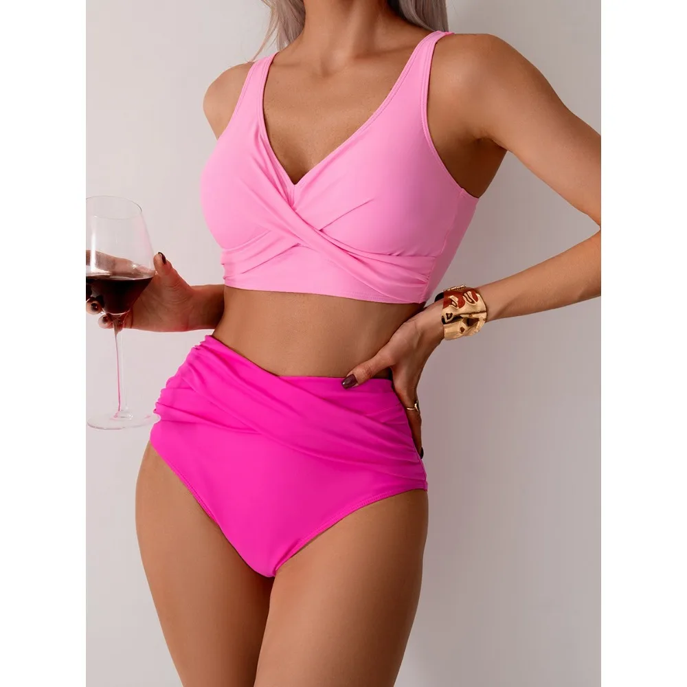 2Pcs/Set Fashion High Waist Summer Swimwear Cross Push Up Casual Swimsuit Vacation Strapped Bathing Suit for Women Beach