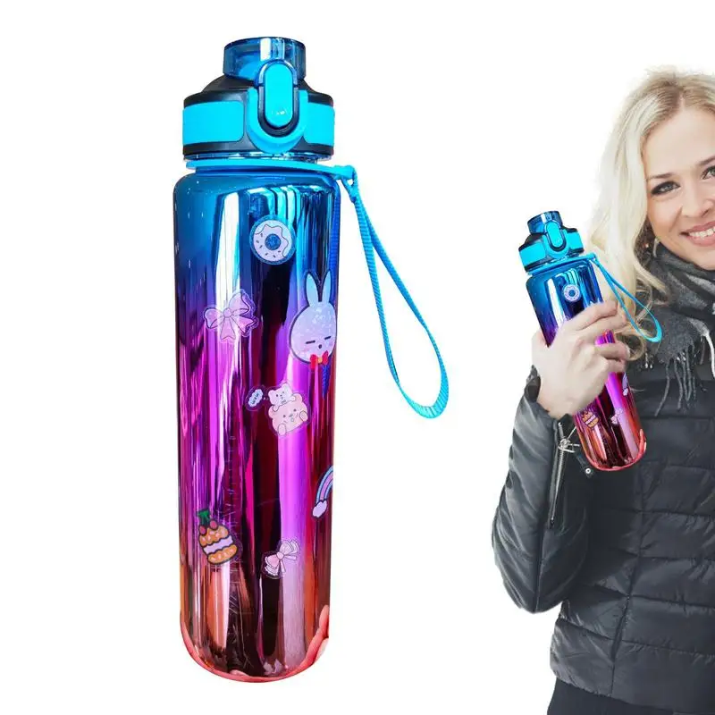 

Large Water Bottle Daily Water Intake Water Bottle 35 Oz Gradient Color Motivational Water Bottle With Strap & Straw Leakproof
