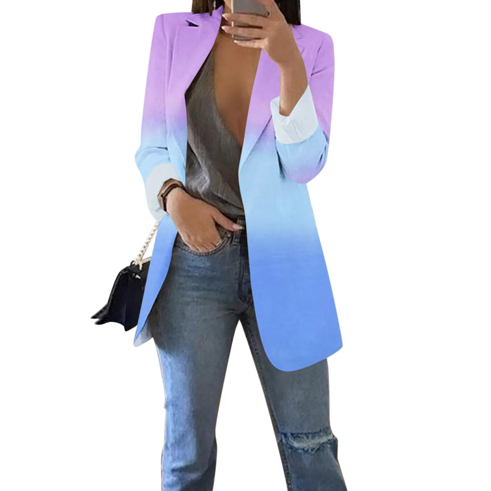 Gradient Blazer Casual Jacket For Women Long Sleeve Open Front Cardigan Jacket Work Office Jacket Chic Lapel Suit Jacket Elegant