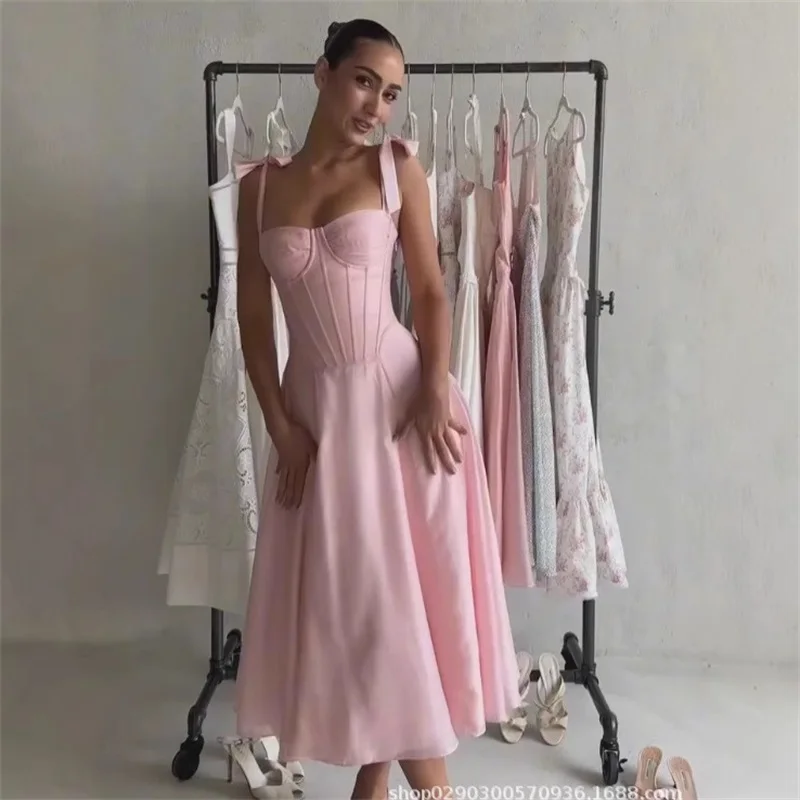 Sexy Pink Women Prom Dress Sleeveless Strap A Line Princess Skirt Ruffles Party Robes Casual Formal Holiday Evening Gown