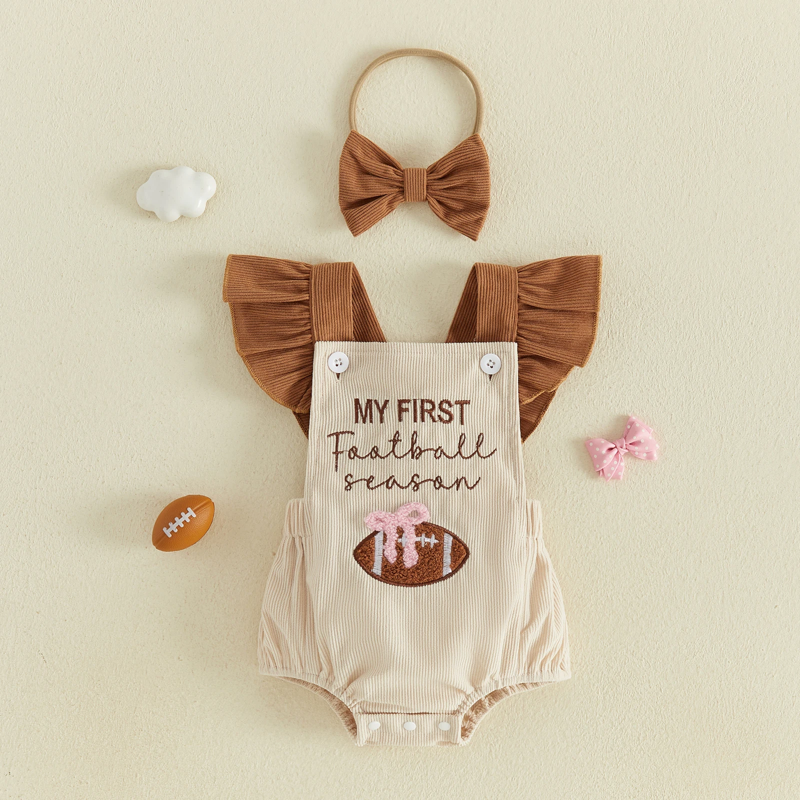 Baby Girl Footabll Outfit Embroidery Flying Sleeve Romper Bow Headband Cute Baby Corduroy Bodysuits Clothes