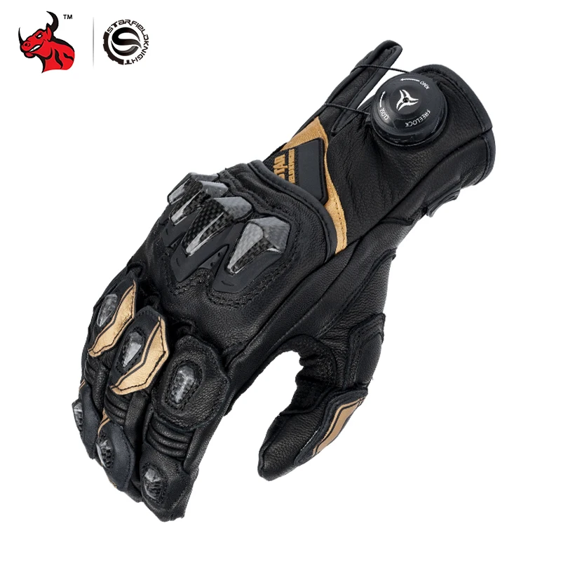 

Motorcycle Gloves Black Gold Racing Genuine Leather Motorbike Road Riding Protective Gloves Four Seasons Universal Touch Screen