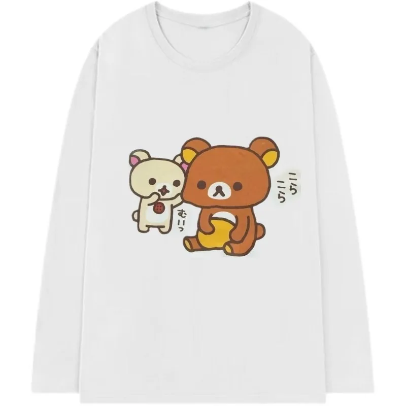 Japanese Subculture Cartoon Bear Print T-shirt Autumn New Kawaii Black White Patchwork Tshirt Loose Casual Long-sleeved Clothing