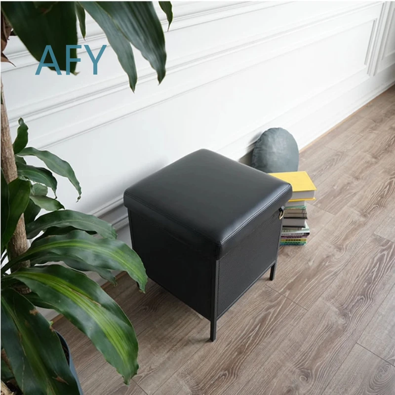 Luxury Velvet Stool for Home Entryway Nordic Square Footstool Soft Packed Storage Bench Faux Leather Ottoman with Iron Legs
