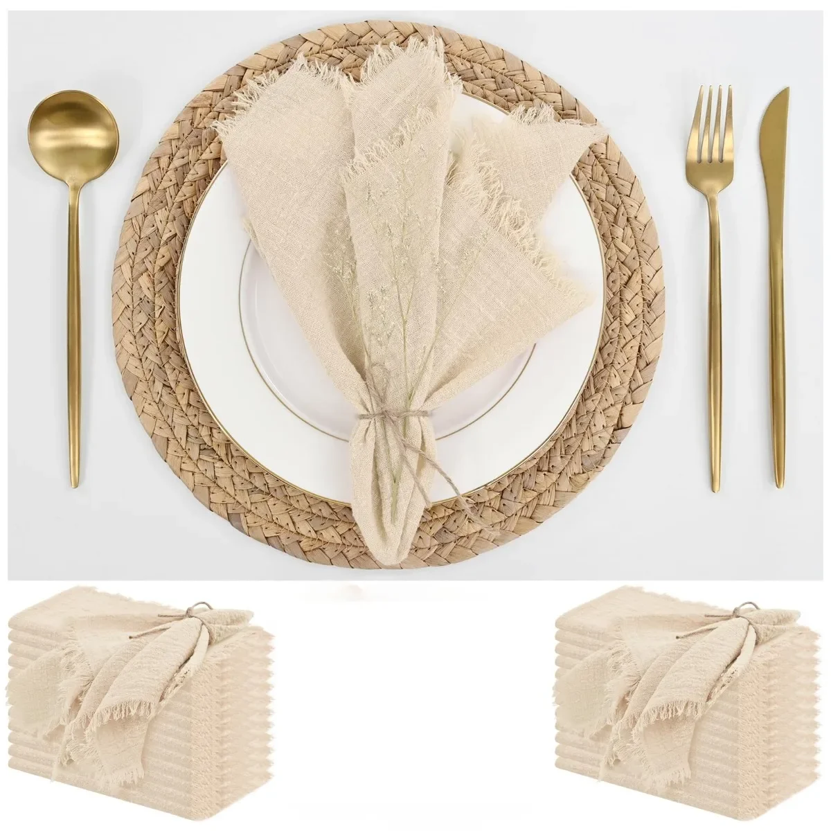 

12Pcs Napkins Cotton Linen Napkins Handmade Cloth Napkins with Fringe Washable Rustic Dinner Napkin for Wedding Dinner Party